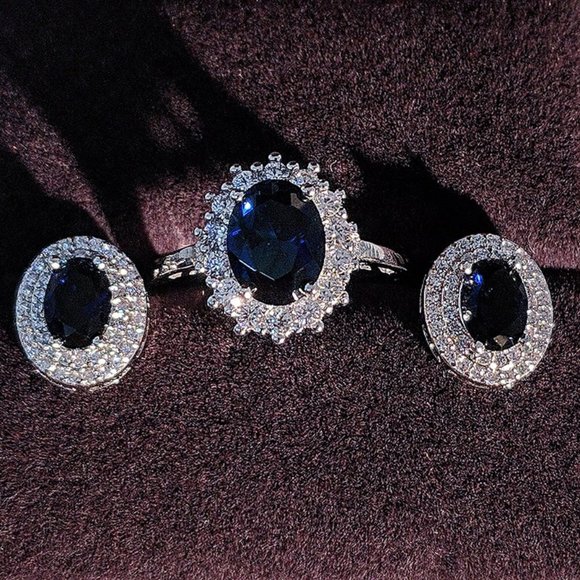 NEW SET 925 Sterling Silver Sapphire Earrings+Ring - Picture 2 of 10